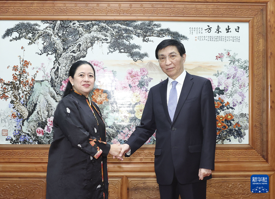 5月28日,全国政协主席王沪宁在北京会见印度尼西亚国会议长布安。新华社记者 丁海涛 摄