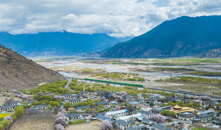 复兴号列车行驶在拉林铁路西藏林芝段（2025年4月3日摄，无人机照片）。新华社记者 丁增尼达 摄