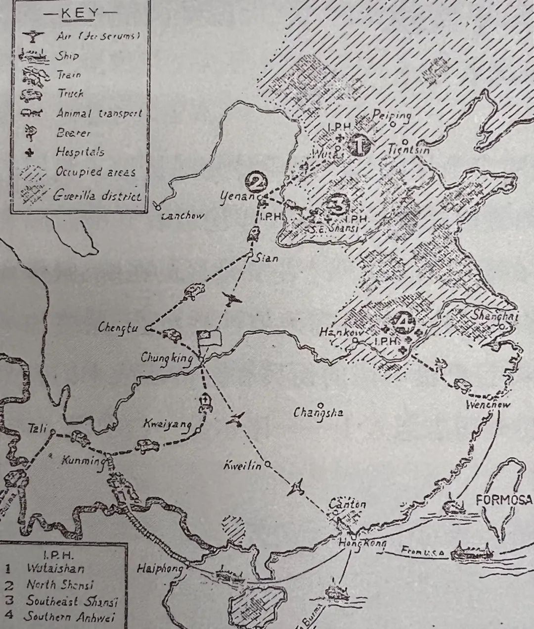 1940年保盟募集的海外援助物资运送到国际和平医院的示意图