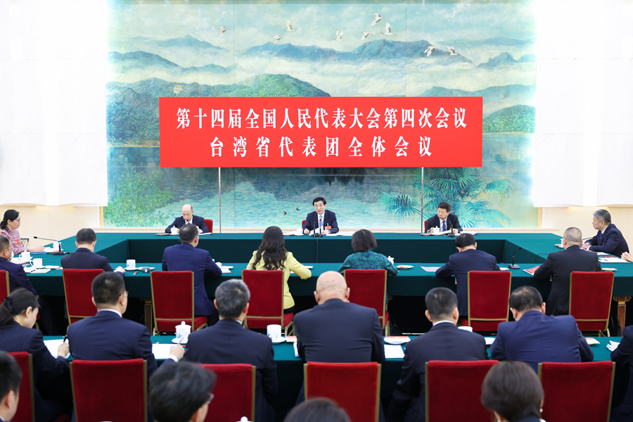 3月7日，中共中央政治局常委、全国政协主席王沪宁参加十四届全国人大四次会议台湾代表团审议。 新华社记者 刘彬 摄