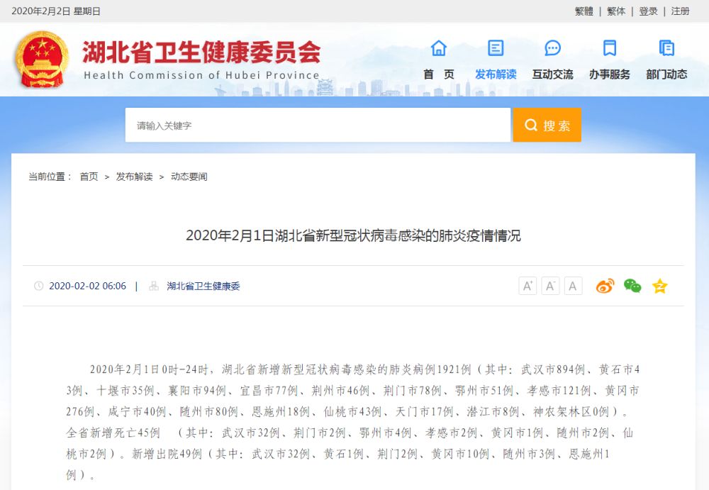 2020年2月1日湖北省新型冠状病毒感染的肺炎疫情情况 2020年2月1日0时