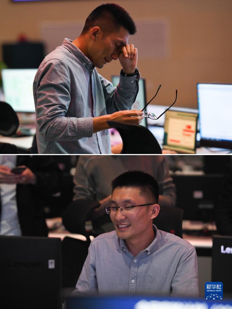 拼版照片：上图为科研人员李克栋在实验成功前（4月12日摄）；下图为科研人员李克栋在实验成功后（4月12日摄）。新华社记者 张端 摄