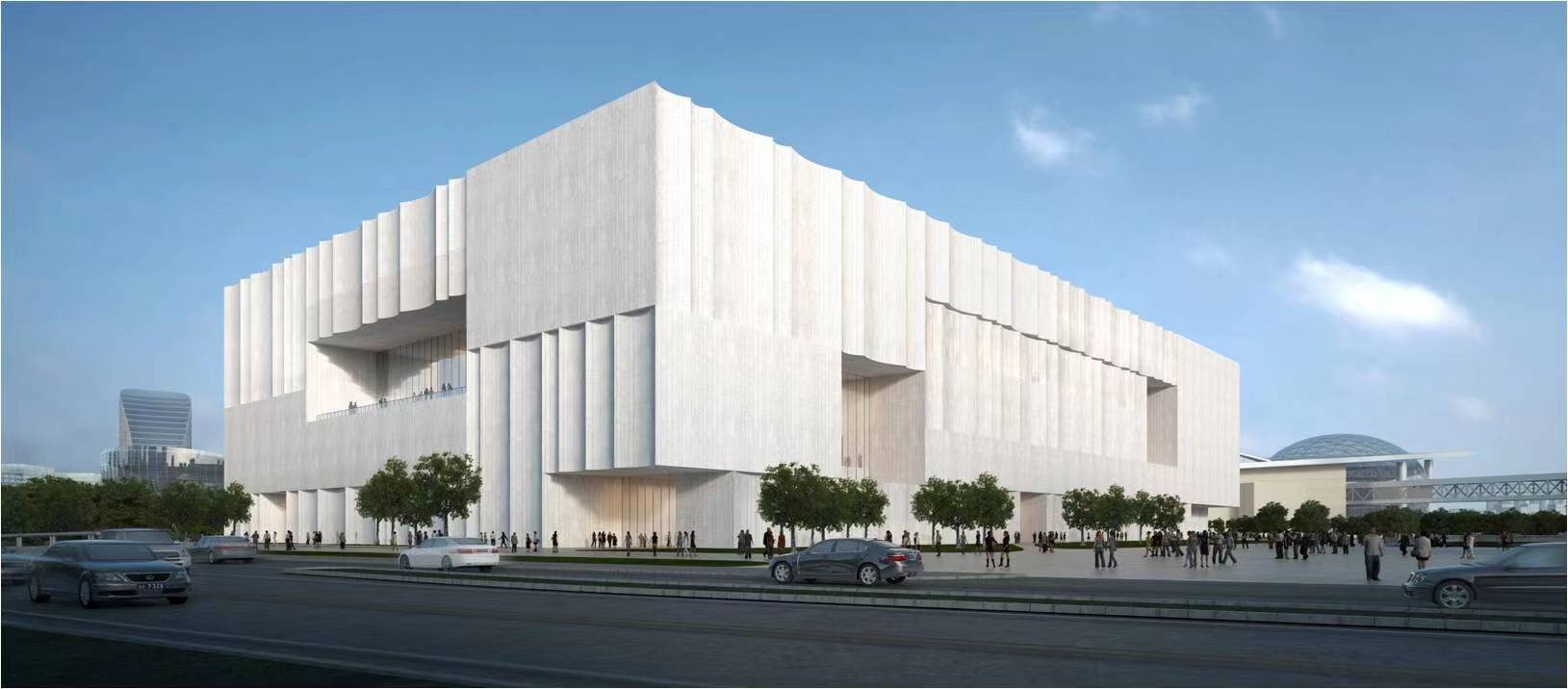 上博东馆总建筑面积113200平方米,从外部看,其立面蜿蜒起伏,造型典雅