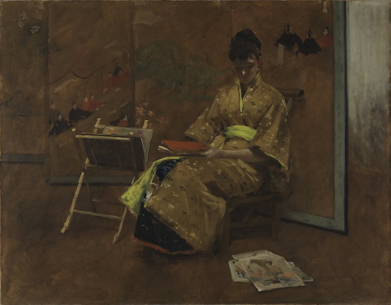 威廉·梅里特·切斯,《穿和服的女孩》,约1887年,布面油画, 89.5x115 厘米,提森-博内米萨国立博物馆馆藏