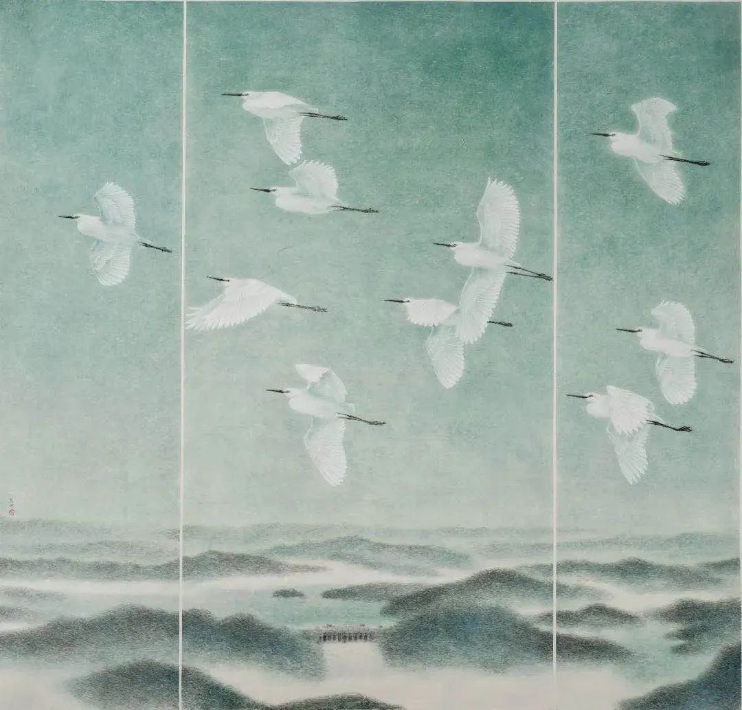 万芾 《白鹭竞飞新安江》(国画)