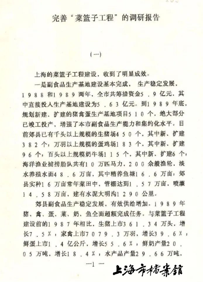 1990年,为进一步完善“菜篮子工程”,上海市政府组织副食品生产流通领域的20余名同志组成7个专题组,进行了为期4个月的调研。图为完善“菜篮子工程”的调研报告(上海市档案馆藏)