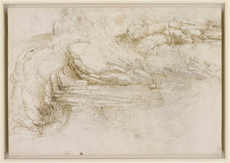 达·芬奇，《露出地面的层状岩石的山坡》，约1510-1513