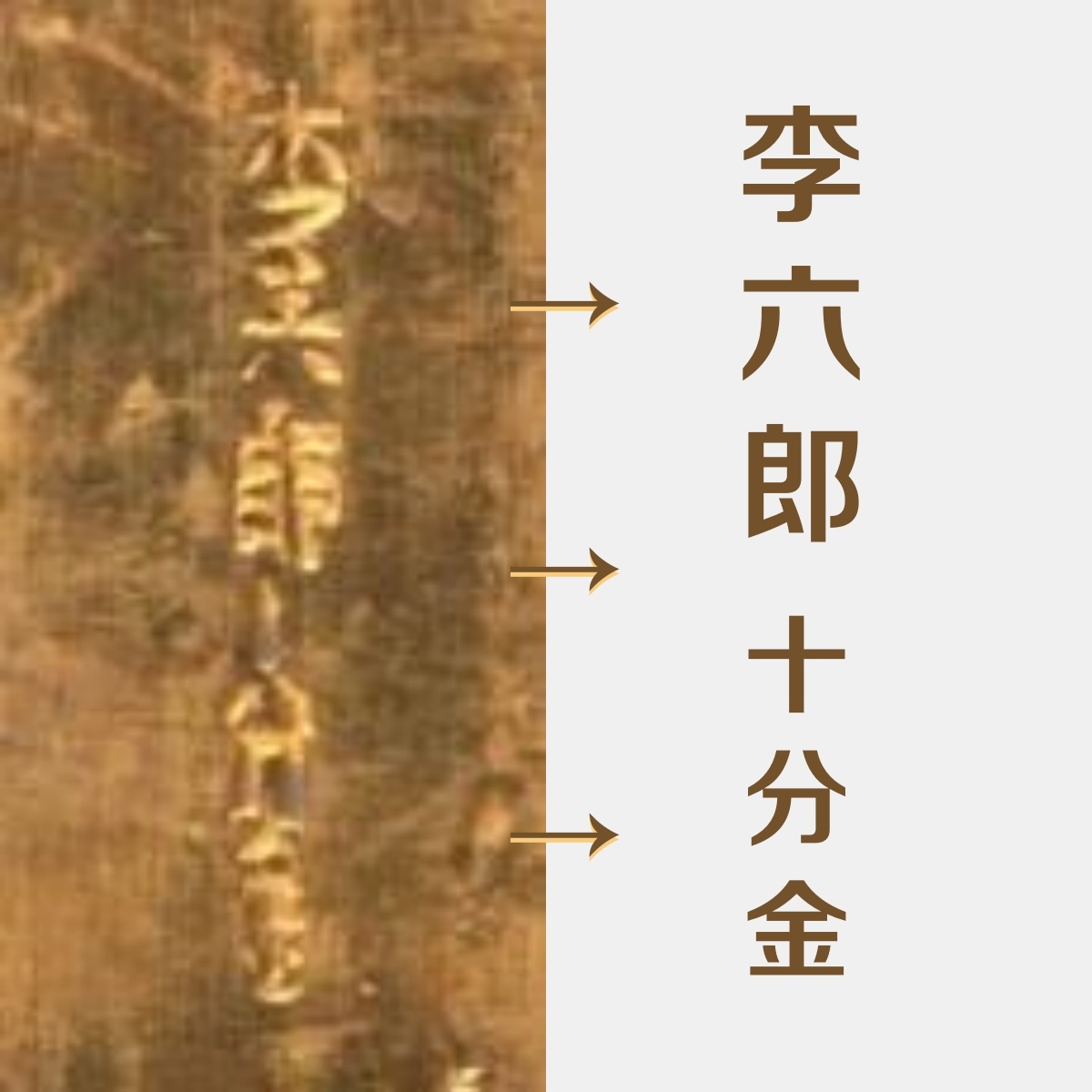 △1999年杭州出土的“李六郎十分金”金铤(dìng)(局部)。已出土的同时期黄金货币,经过检测的含金量均超过了95%,最高能达到98%。这说明南宋的黄金制炼工艺达到了相当高的水平。