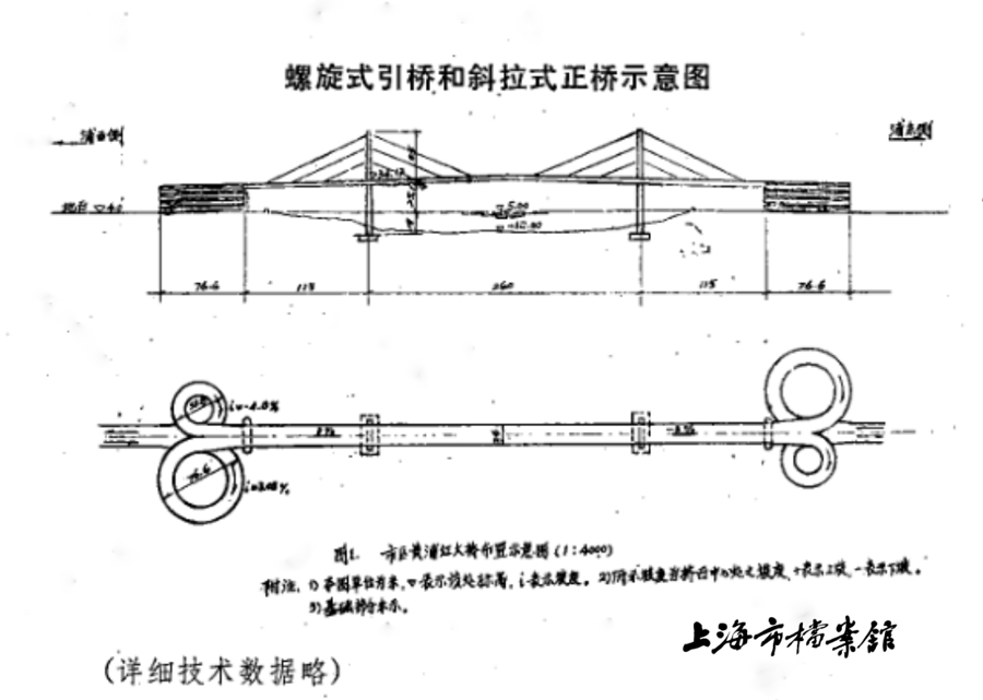 陆广闾绘制的黄浦江大桥设计示意图(上海市档案馆藏)