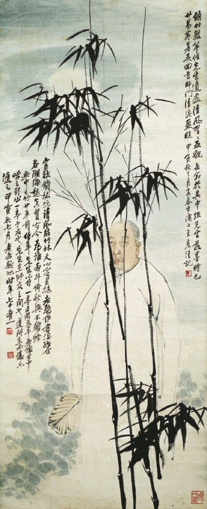 《缶翁行看子》1914年此作是吴昌硕与任伯年、王一亭历经20年“穿越时空”的创作,画幅左侧有吴昌硕所题跋诗、跋文,讲述了他与任伯年、王一亭三人之间亦师亦友的情谊。