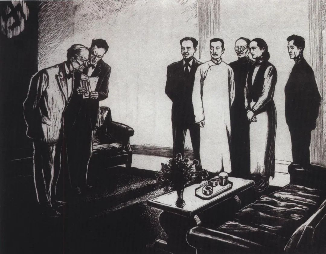 赵延年于1956年创作的木刻版画《抗议》，展示了宋庆龄、蔡元培、杨杏佛、鲁迅等人同往德国驻上海领事馆递交抗议书，谴责德国法西斯对德国进步人士和犹太人的迫害的情景