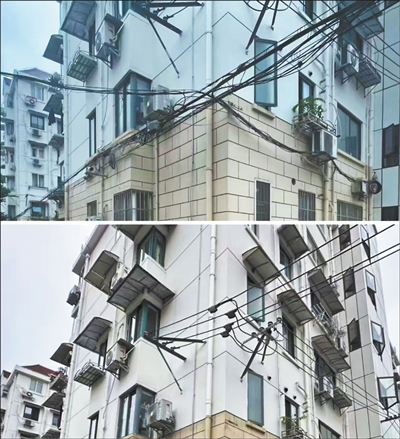 上海市长宁区华阳路街道陶安小区5号楼线缆改造前后实景。<BR/>华阳路街道供图