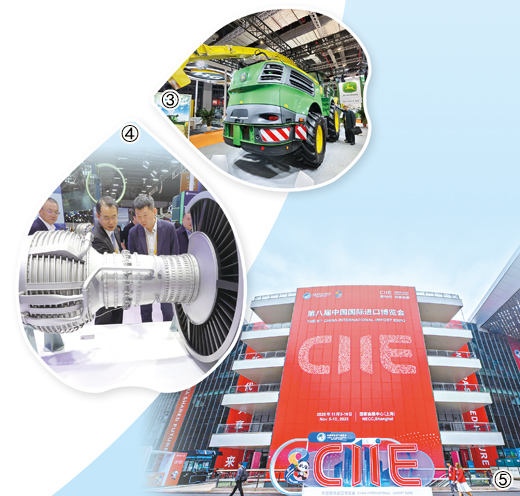 图③:约翰迪尔公司展出的自走式青贮收获机。<BR/>本报记者 张安宇摄<BR/>图④:通用电气展台,新产品引人关注。<BR/>唐 克 摄<BR/>图⑤:国家会展中心(上海),进博会标识醒目。<BR/>王 初摄