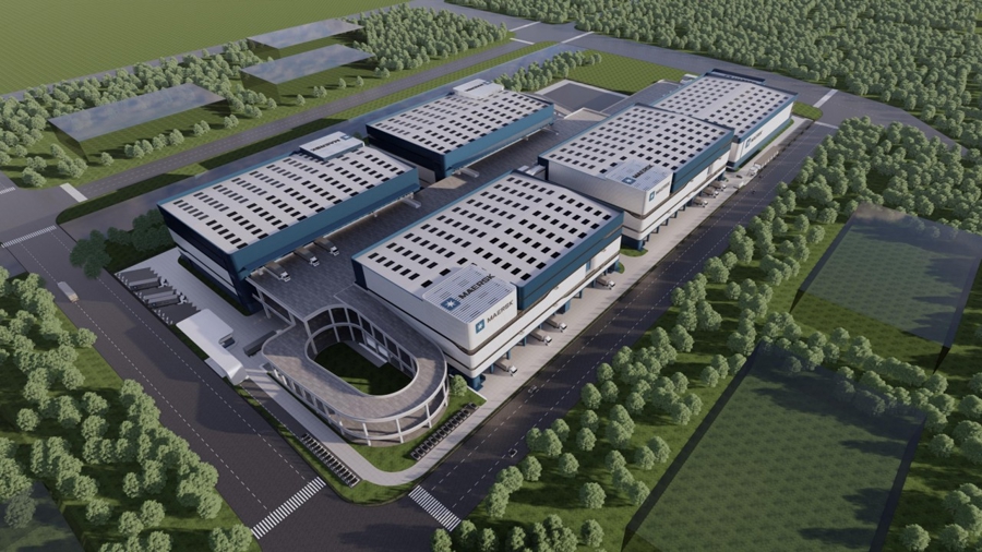 马士基临港综合物流旗舰仓全景效果图，几栋建筑是相连的。