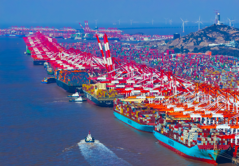 2025年1月9日，上海洋山港码头泊位全部靠满作业。解放日报记者 张海峰 摄