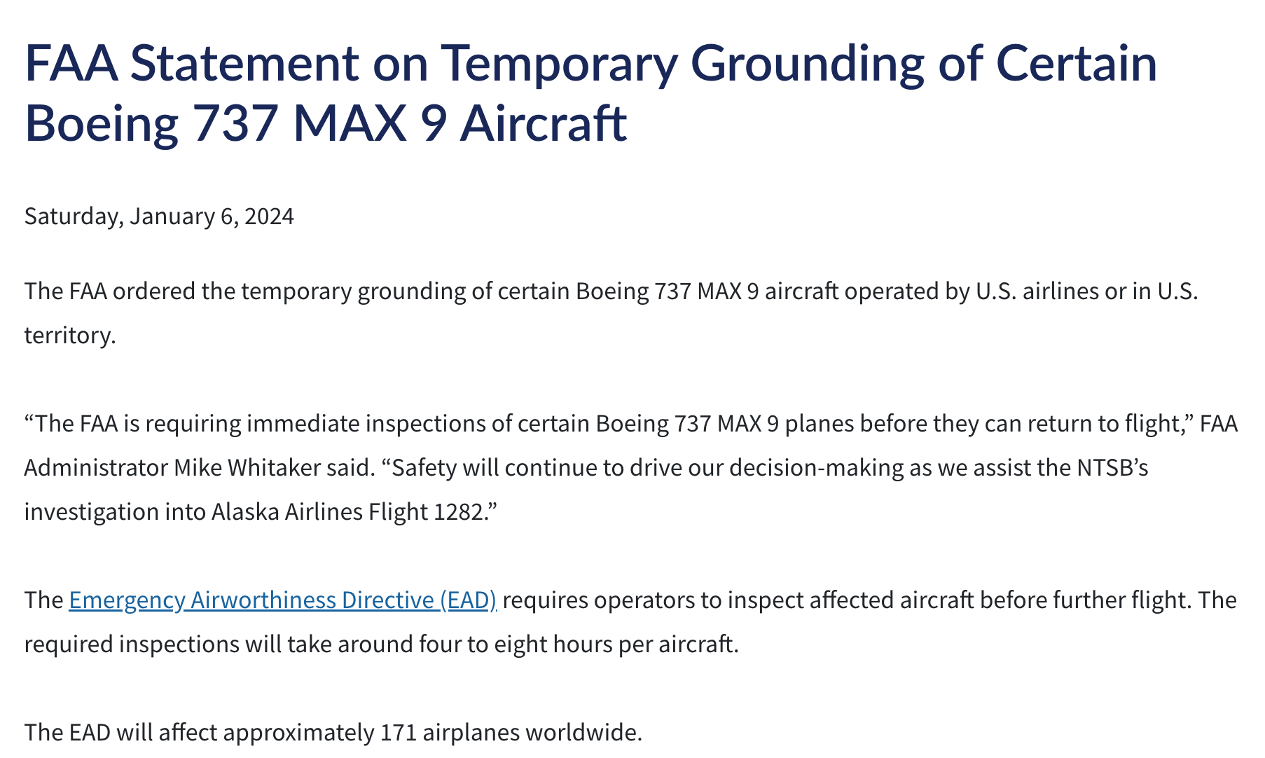 FAA1月6日声明