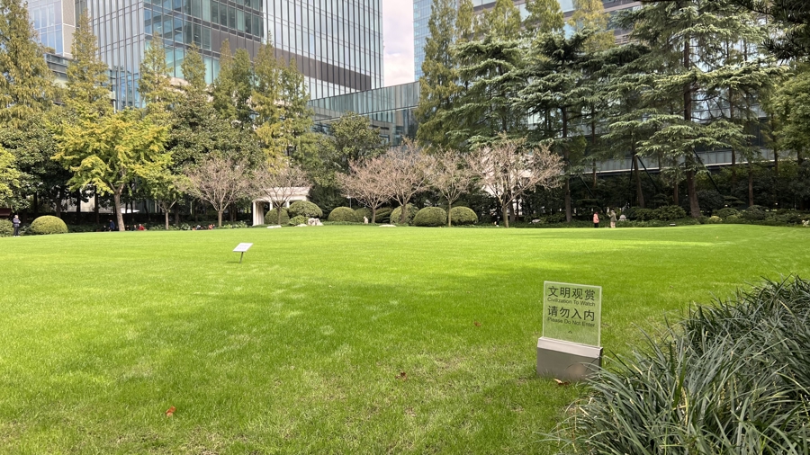 静安公园内的草坪提示语 谢飞君摄