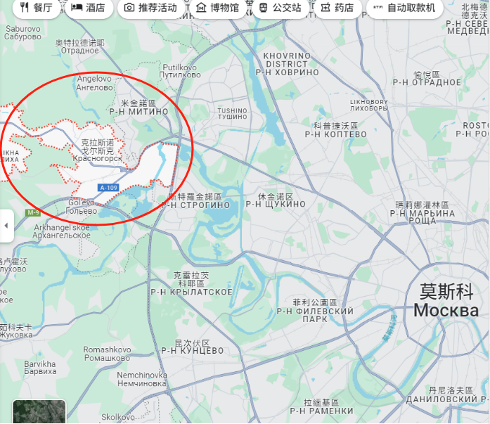 克拉斯诺戈尔斯克市,由莫斯科州管辖,位于莫斯科西北约22公里,在莫斯科河畔(红圈处)
