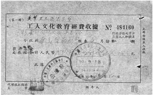1950年上海失业工人救济金经费收据。